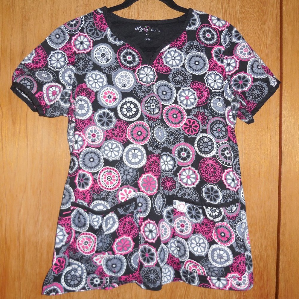 3 for $24, Life is Peachy, pink, black, and grey, print scrub top